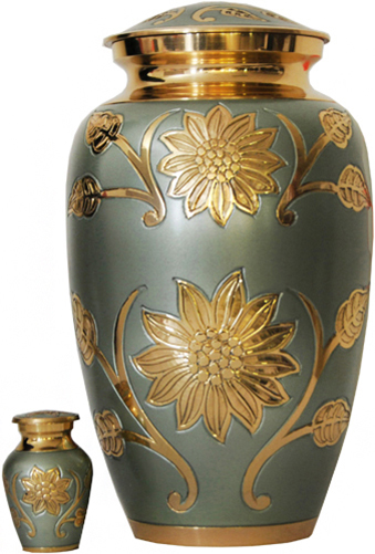 008-A – Brass Urn Velvet Box plus 1 Keepsake Olive Green/ Gold Trim