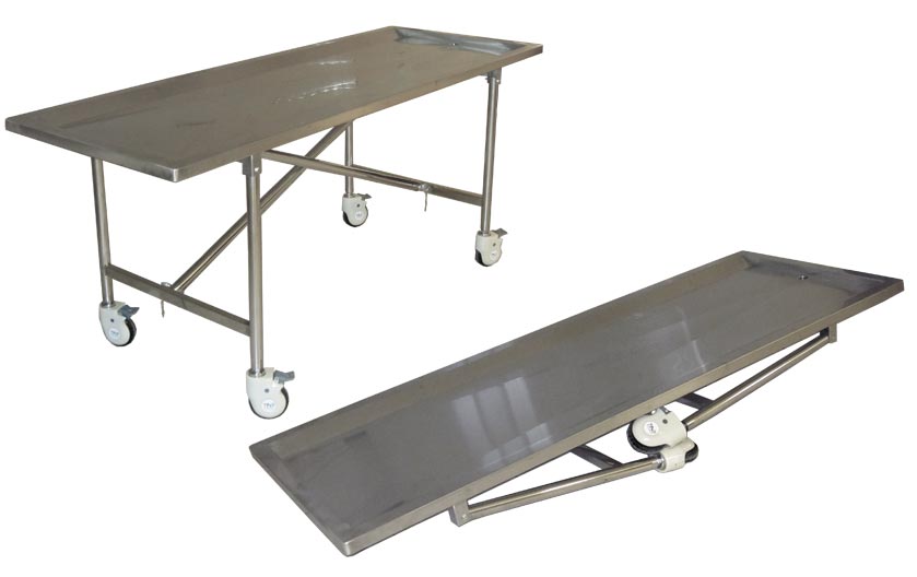 Folding Stainless Steel Embalming Table, Tilting 600 lb. Capacity, 6″ Locking Wheels, Folds for s