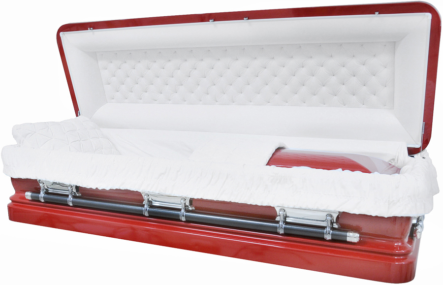 2010-FC- Full Couch w/Foot Panel 18ga Red Finish, White velvet, Silver Hardware