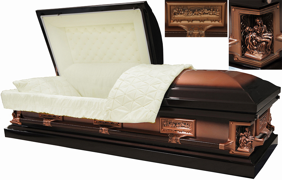 2216 – La Pieta Casket, Last Supper Casket Brown Metallic w/ Copper Brush