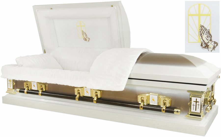 2217 – Praying Hands Casket 18ga White w/ Gold Metallic White Velvet