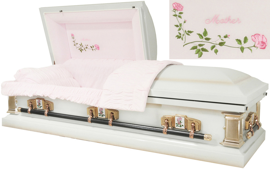 2218 – Mother Casket 18ga Eggshell White With Light Pink Accents, Pink Velvet