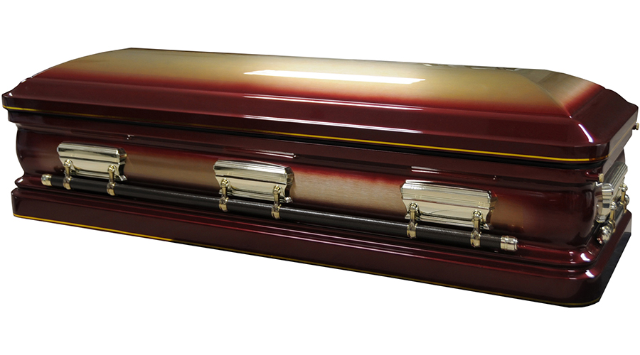 2226b-FC- Dark Red Full Couch w/Foot Panel Gold Brush, White velvet Interior and Gold Hardware
