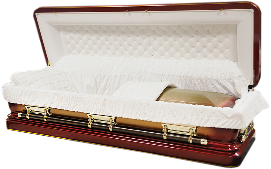 2226a-FC- Dark Red Full Couch w/Foot Panel Gold Brush, White velvet Interior and Gold Hardware