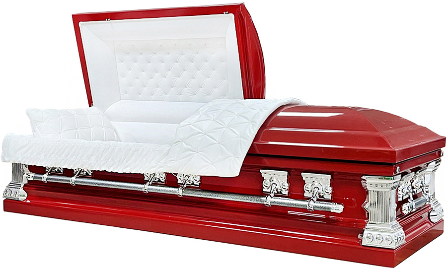 2258- 18 ga Red Steel Casket, Square shape, White Velvet