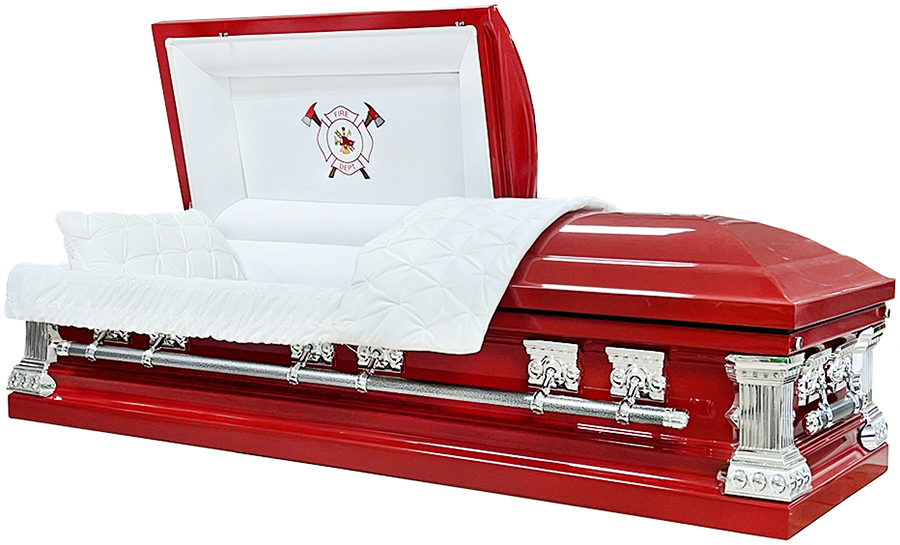 2258a-18 ga Red Steel Casket, Fireman Head Panel, Square shape, White Velvet Interior