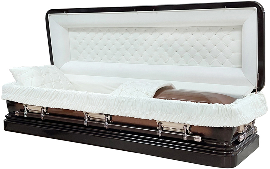 4628fc- Brown/ Copper Brushed Priest Casket Rose Hardware, White Interior Top Comes off