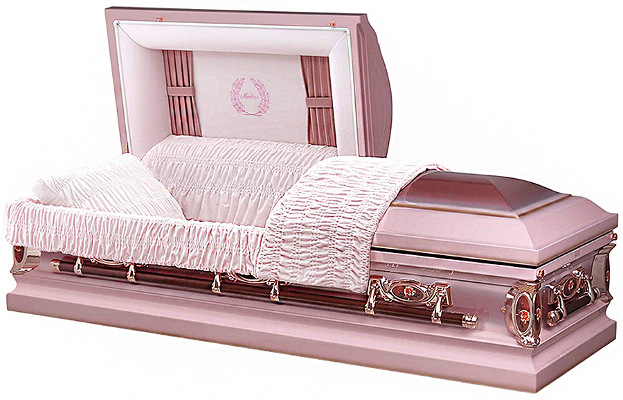 4725 – Light and Dark Pink Brushed 18ga Mother Casket with Rose Decor Pink Velvet Int