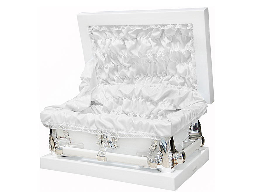 7909-FC-23″ -White Child’s Casket, White Interior Inside19.5″L x 11″W” Outside23.0L x 15.5W