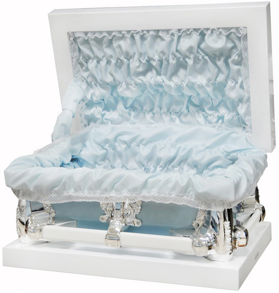 7913-FC-23″ -White Child’s Casket, Blue Interior Inside19.5″L x 11″W” Outside23.0L x 15.5W