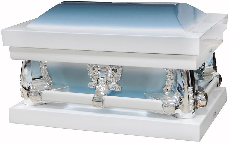 7913-FC-23″ -White Child’s Casket, Blue Interior Inside19.5″L x 11″W” Outside23.0L x 15.5W