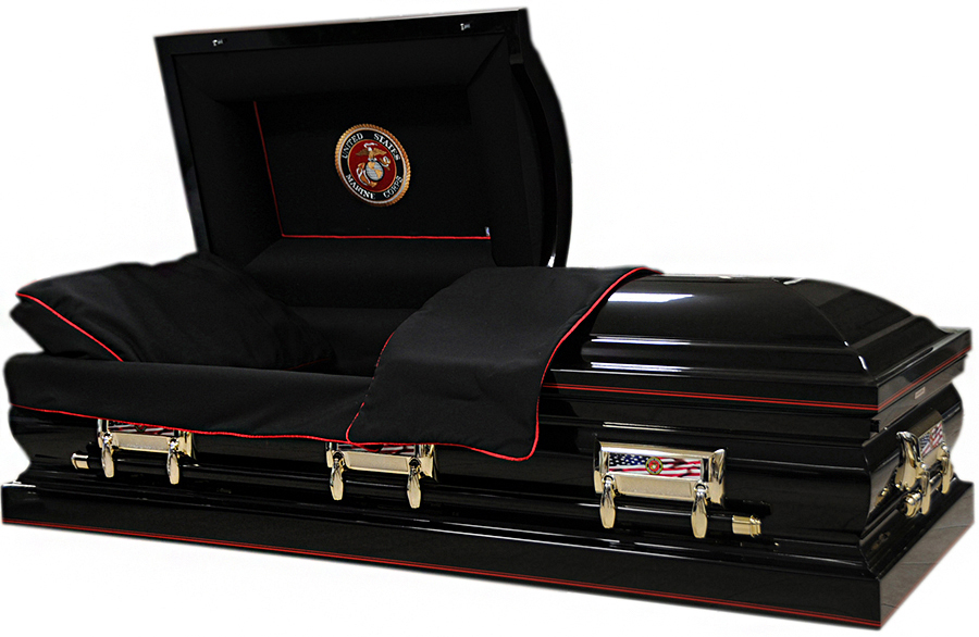 8310X-33 – Oversize U.S. Marines Casket, Black Shell, Red Piping, Black Interior, 32″ inside