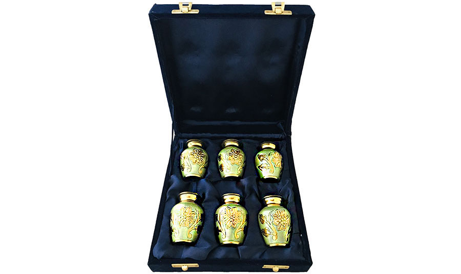008-B – 6 Mini Olive Green w/gold Flowers