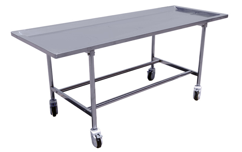 Staionary Stainless Steel Embalming Table 600 lb. Capacity, Tilting, 6″ Locking Wheels